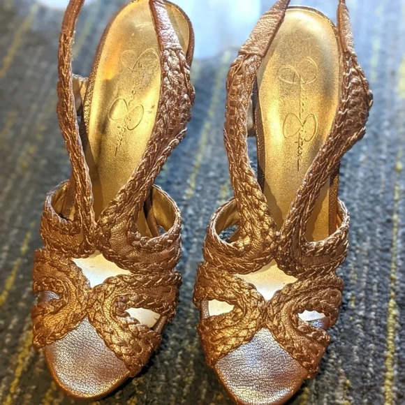 Jessica Simpson Women's Gold Platform Heels Size 7.5 Braided Ankle Strap - Picture 8 of 13